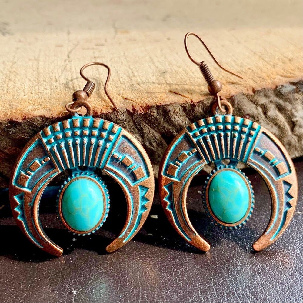Etched Faux Turquoise Bohemian Crescent Moon Half Moon Sky Mythical Earrings - Picture 3 of 3